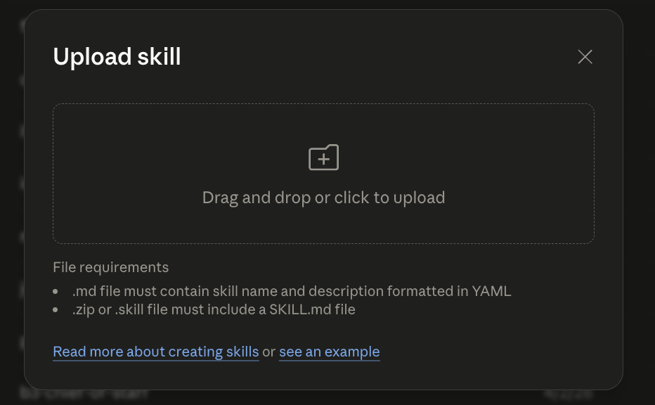 Uploading a SKILL.md file in Claude Settings, under Capabilities, then Skills